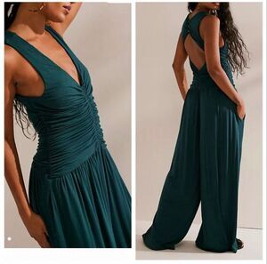Free People Beach Kit Wide-Leg Jumpsuit Open Back One Piece Green Size Small NWT